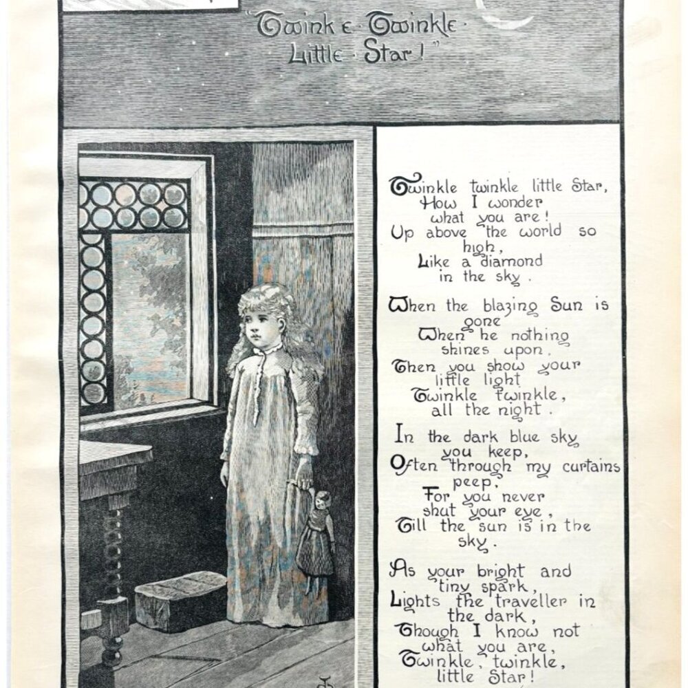 1886 Twinkle Twinkle Little Star Wood Engraving Full Page Youths Comp DWYY8